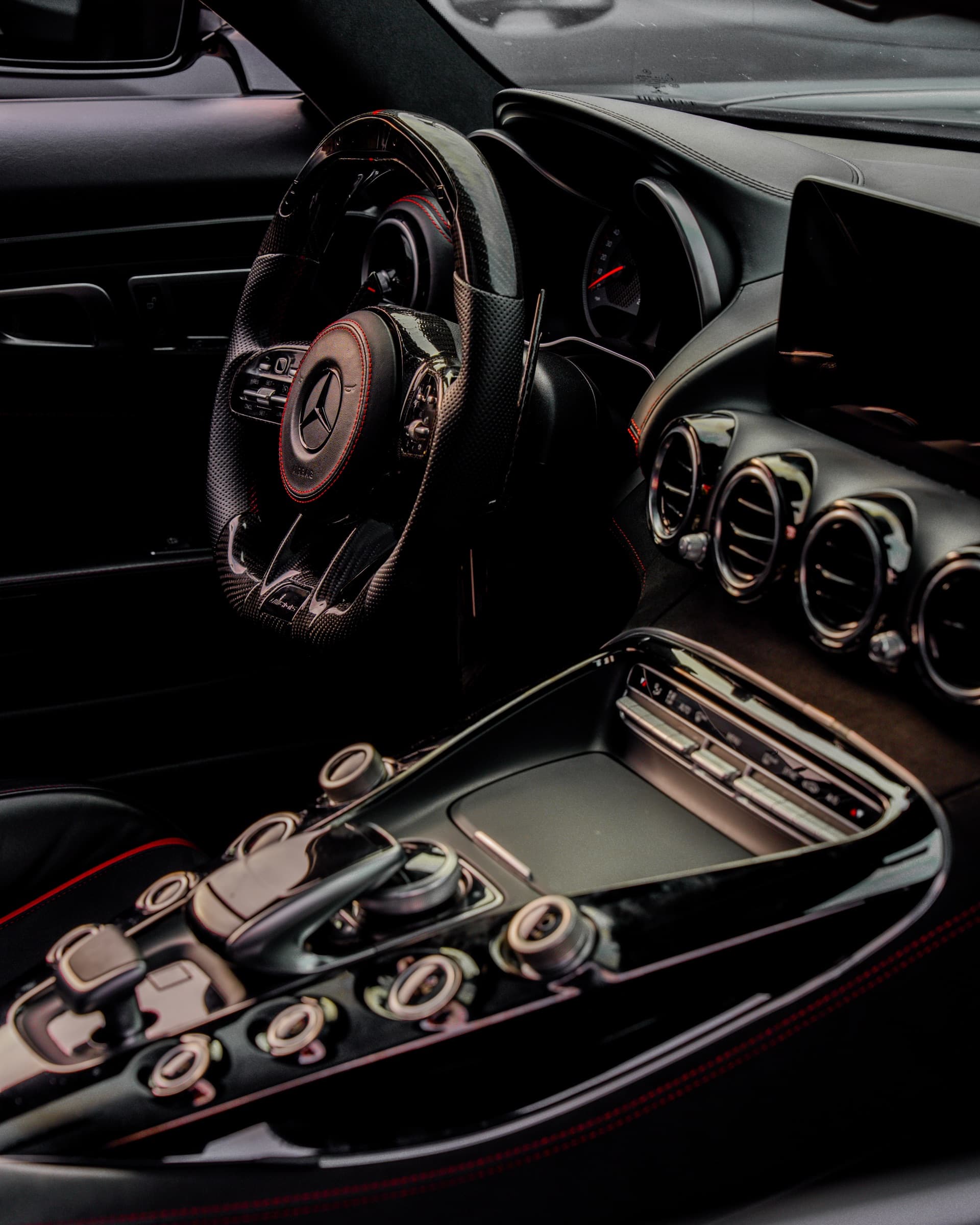 Mercedes-AMG GT interior, steering wheel and console detail